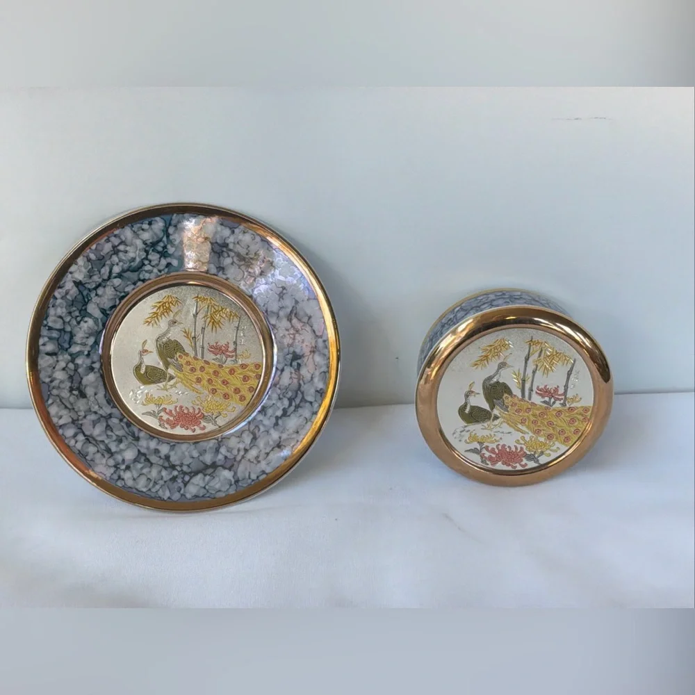 Vintage Art Of Chokin Colorful Japanese Peacocks Trinket Box /Plate